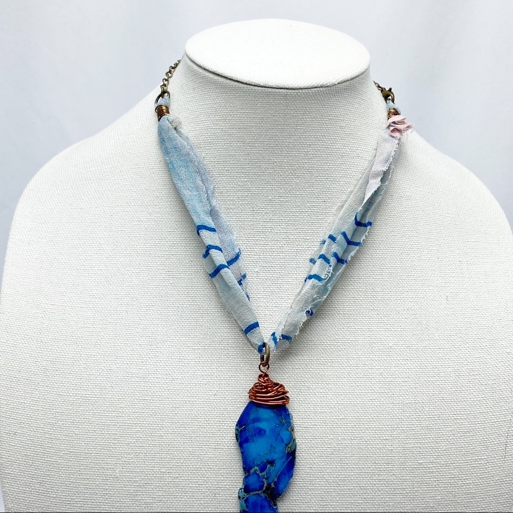Custom Blue Jasper Stone Silk Ribbon Necklace Handcrafted NEW